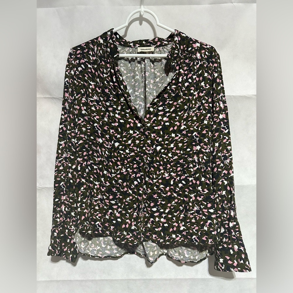 Zadig & Voltaire Tink Leo V Neck Blouse Top Green Black Pink Size Medium EUC!